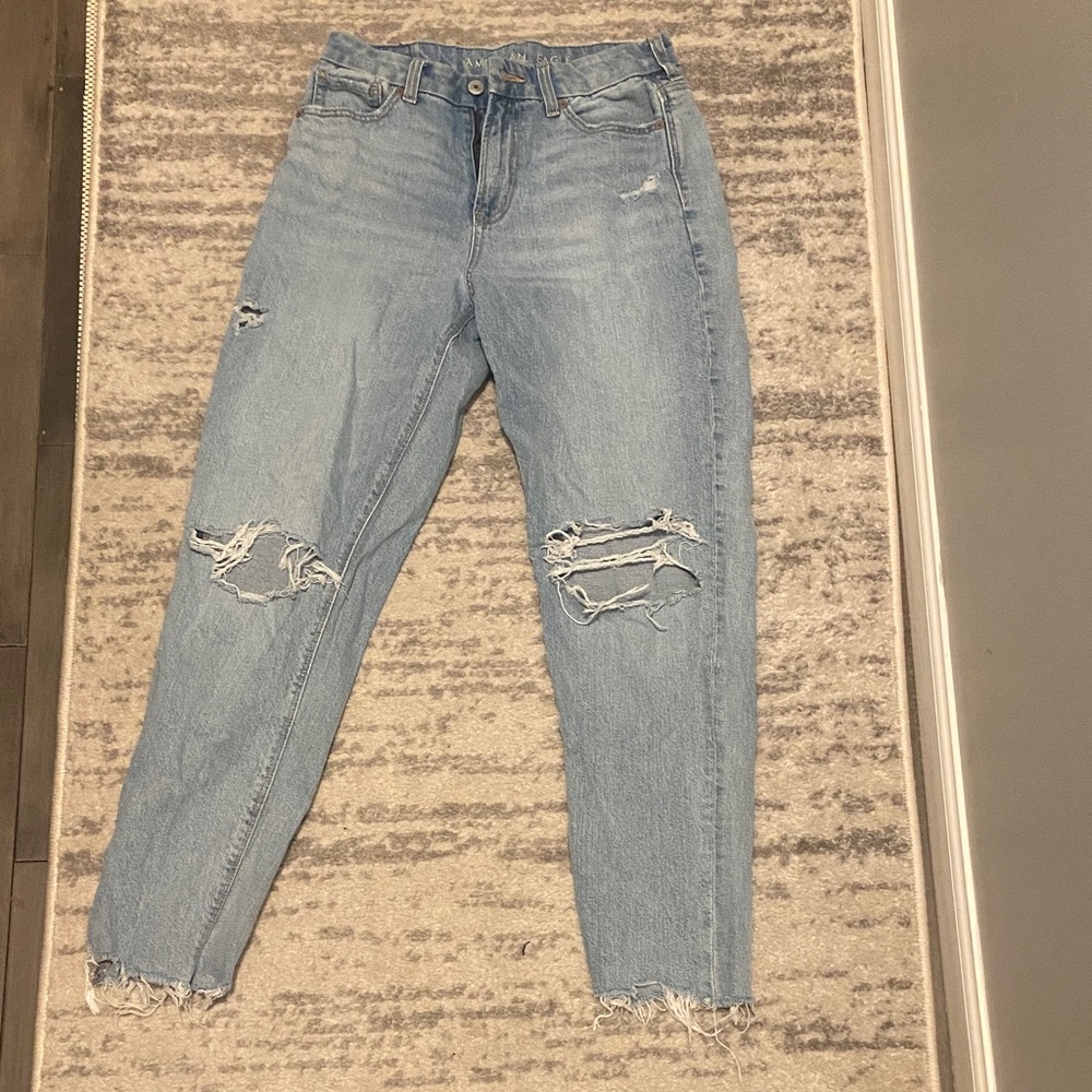 American Eagle Outfitters Light Blue Distressed Strigid Curvy Ripped Mom Jeans